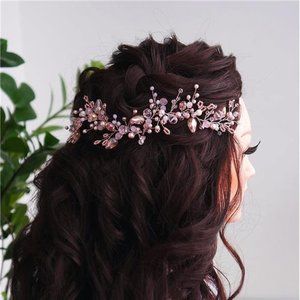 Rose Gold Boho Wedding Headband | Pink Crystal Pearl